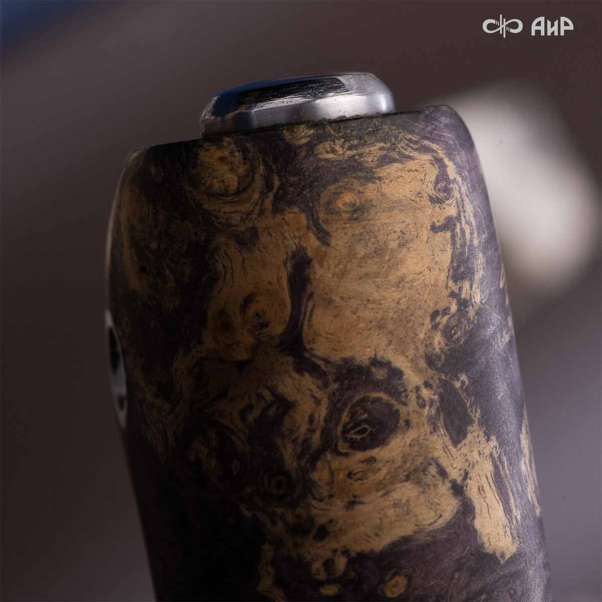 Финка Нью (наборная: стабилизированный граб, стабилизированный кап клена фиолетовый, фибра желтая, алюмин.втулка, авторские ножны, кастомная заточка) N690, № 18 - Компания «АиР»