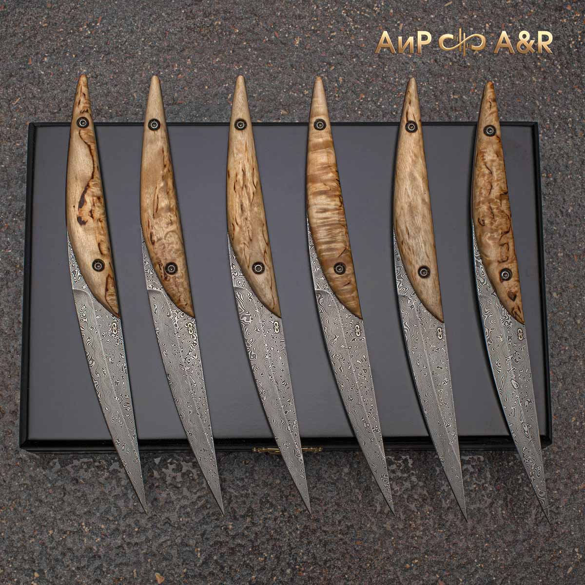 Набор стейковых ножей ЦМ (карельская береза) дамасская сталь ZDI-1016 - Компания «АиР»