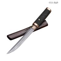 Нож Айкути, дамасская сталь ZDI-1016, кожа ската черная, макасар, фути, хабаки и касира мокуме гане
