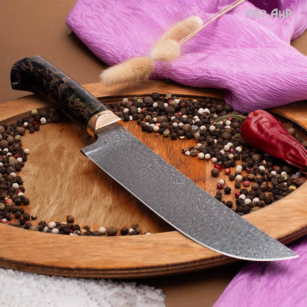 Пчак (композит с бронзовой и латунной микросеткой волны, мокуме гане, кастомная заточка) дамасская сталь ZDI-1016, узор взрыв - Компания «АиР»