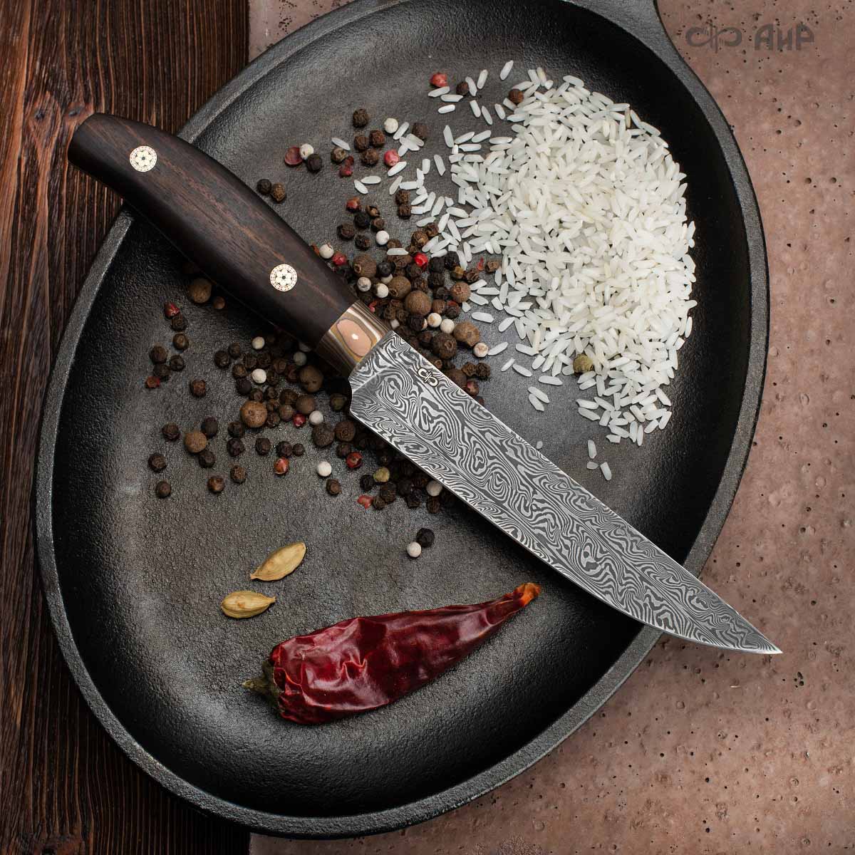 Овощной ЦМ (макасар, мокуме, мозаичные пины) дамасская сталь ZDI-1016, узор турецкий - Компания «АиР»