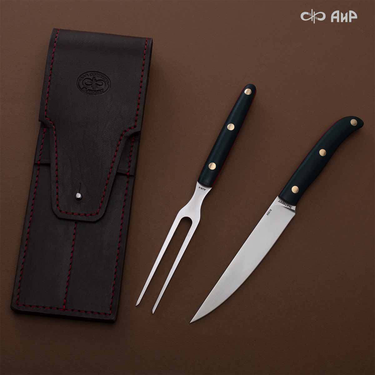 Набор Стейковый ЦМ (нож и вилка, микарта темно-зеленая с красной подложкой) - Компания «АиР»