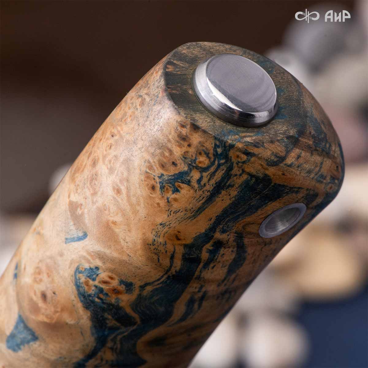 Финка Нью (наборная: стабилизированный граб, стабилизированный кап клена лазурный, фибра желтая, алюмин.втулка, авторские ножны, кастомная заточка) CPR, № 05 - Компания «АиР»