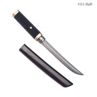 Нож Айкути, дамасская сталь ZDI-1016, кожа ската черная, граб, фути, хабаки и касира мокуме гане