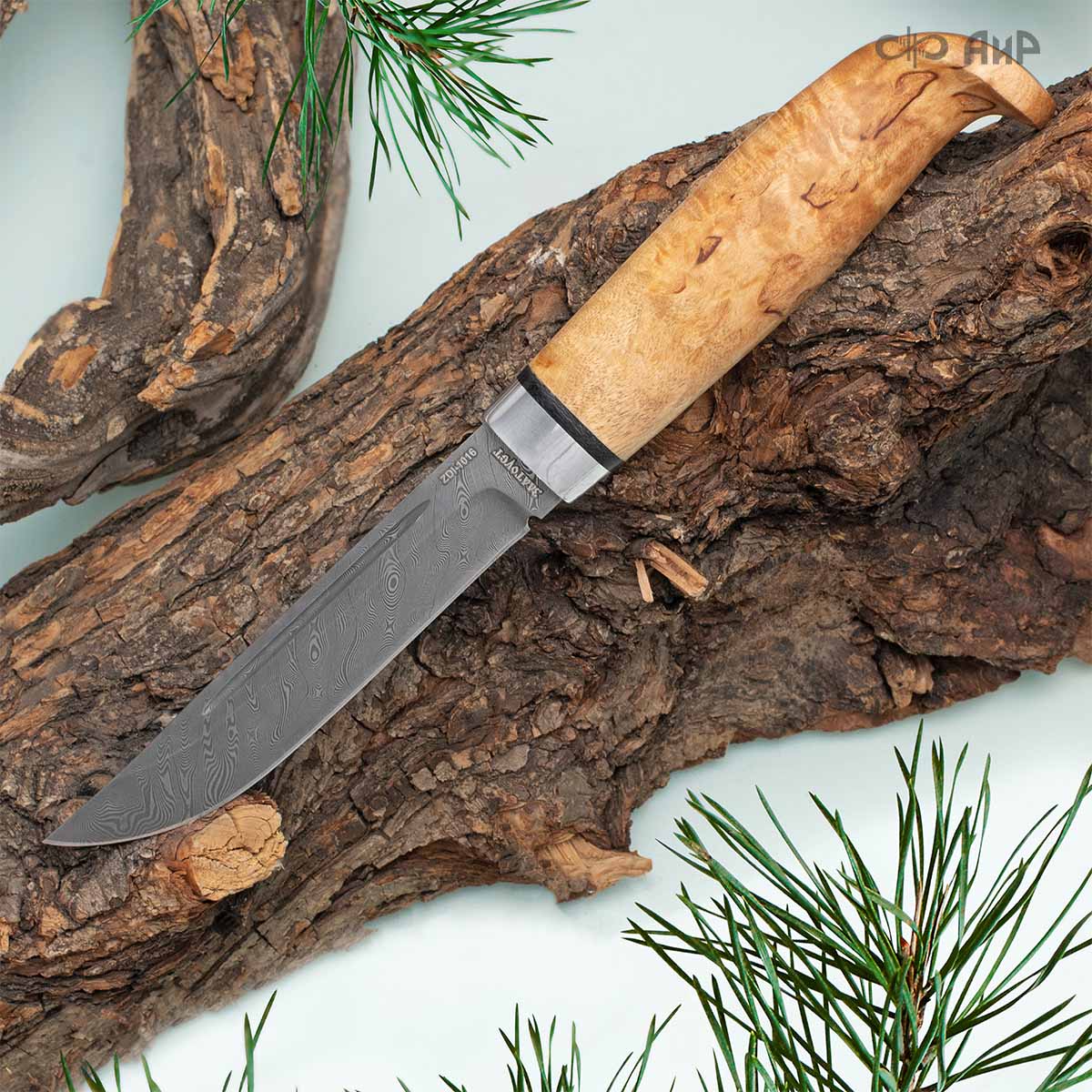 Финка Лаппи (карельская береза) дамасская сталь ZDI-1016, узор твист - Компания «АиР»