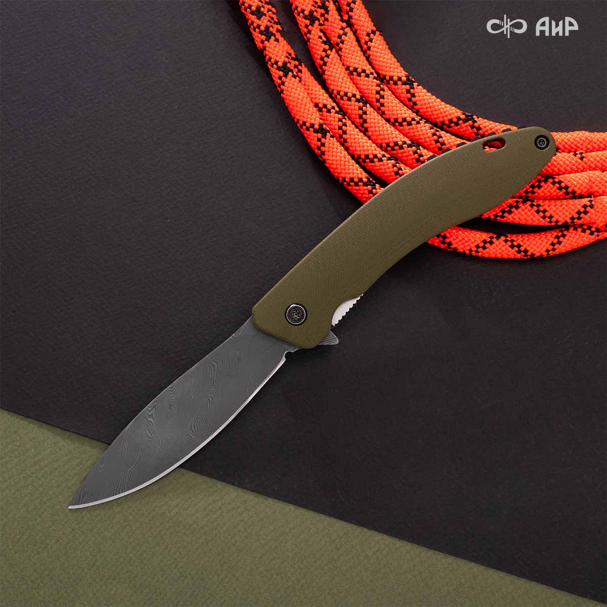 Хантер (G10 оливковый, кастомная заточка) дамасская сталь ZDI-1016, узор твист - Компания «АиР»