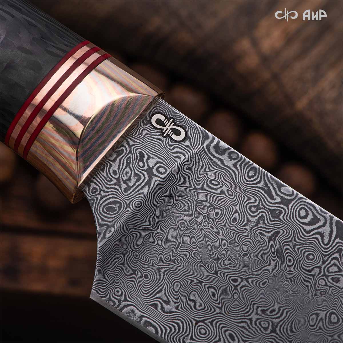 Набор Сантоку-3 (наборная рукоять: карбон черный, проставки медь, фибра, мокуме гане, ввертыш медь, авторский кейс) дамасская сталь ZDI-1016 - Компания «АиР»