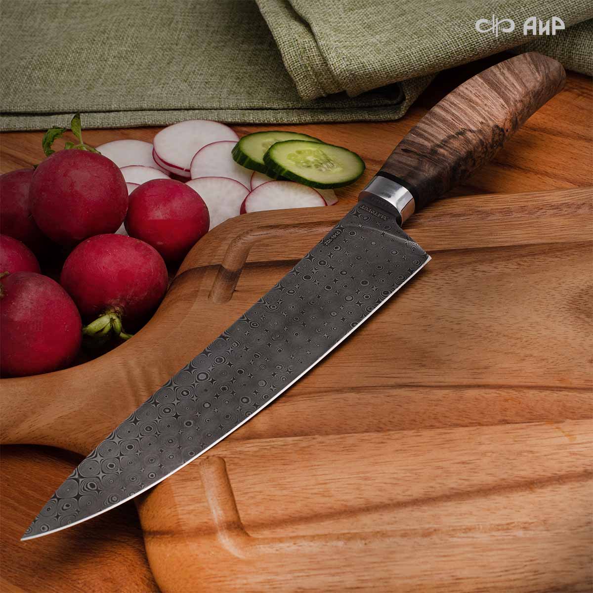 Поварской (стабилизированная карельская береза коричневая) дамасская сталь ZDI-1016, узор пирамида нью - Компания «АиР»