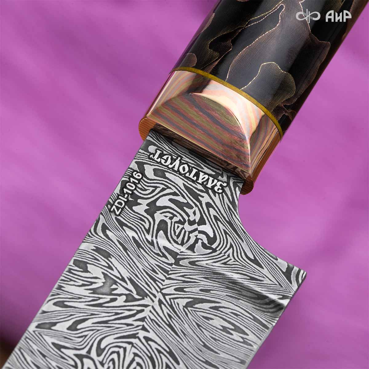 Пчак (композит с бронзовой и латунной микросеткой волны, мокуме гане, кастомная заточка) дамасская сталь ZDI-1016, узор взрыв - Компания «АиР»