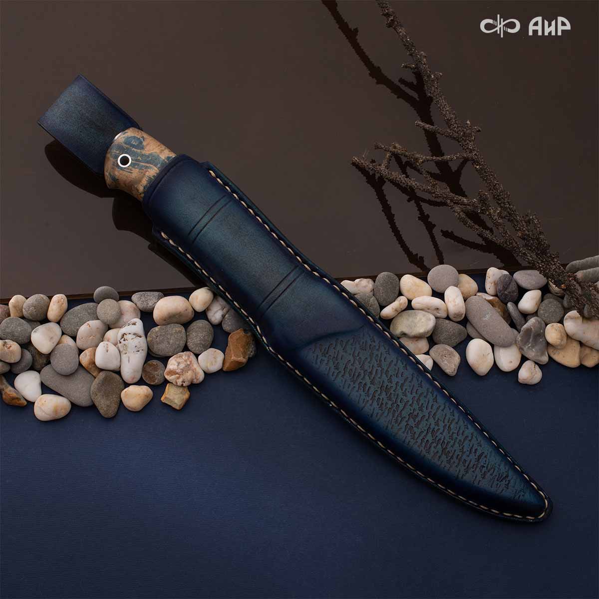 Финка Нью (наборная: стабилизированный граб, стабилизированный кап клена лазурный, фибра желтая, алюмин.втулка, авторские ножны, кастомная заточка) CPR, № 05 - Компания «АиР»