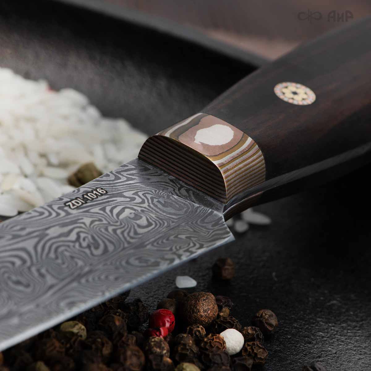 Овощной ЦМ (макасар, мокуме, мозаичные пины) дамасская сталь ZDI-1016, узор турецкий - Компания «АиР»