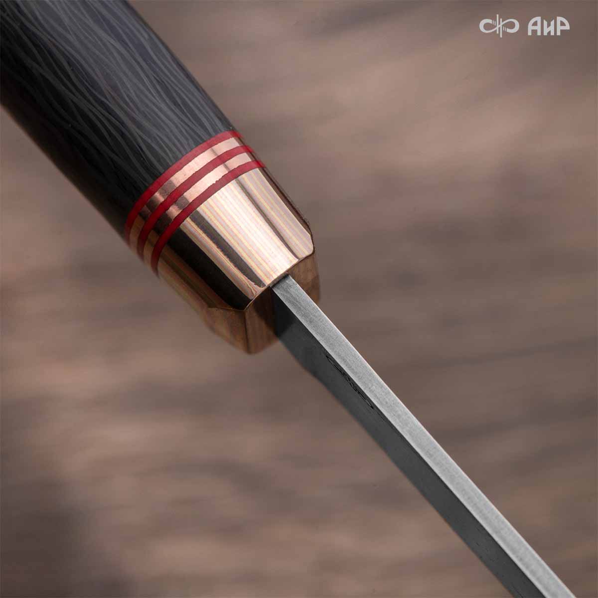 Набор Сантоку-3 (наборная рукоять: карбон черный, проставки медь, фибра, мокуме гане, ввертыш медь, авторский кейс) дамасская сталь ZDI-1016 - Компания «АиР»