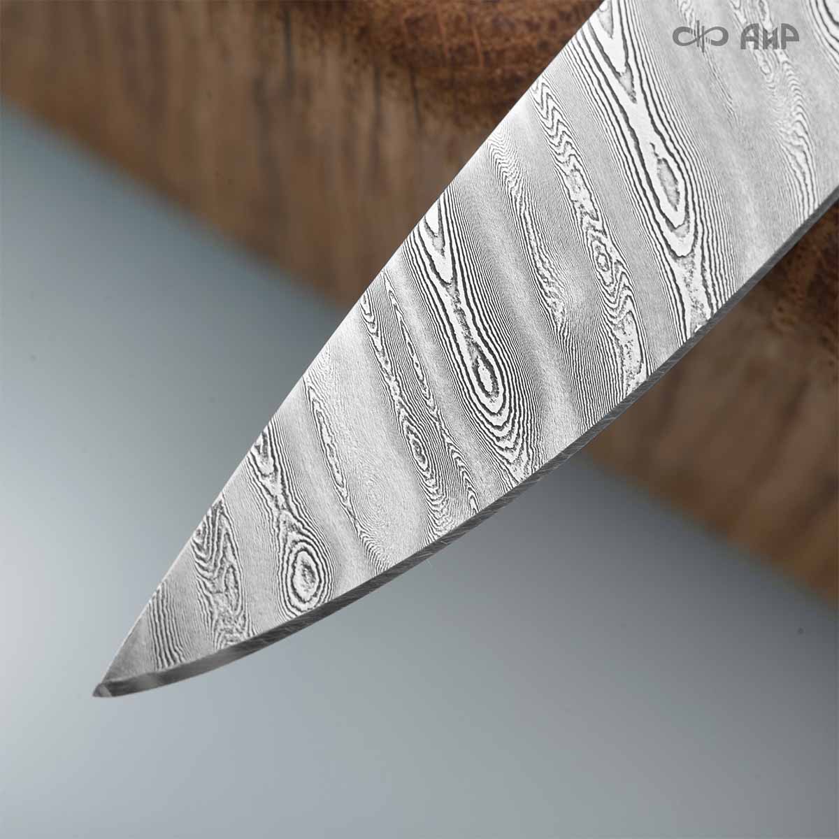 Набор Стейковый (нож и вилка, стабилизированный ореховый кап, мокуме гане, медная втулка, кастомная заточка) дамасская сталь ZD-0803, узор твист - Компания «АиР»