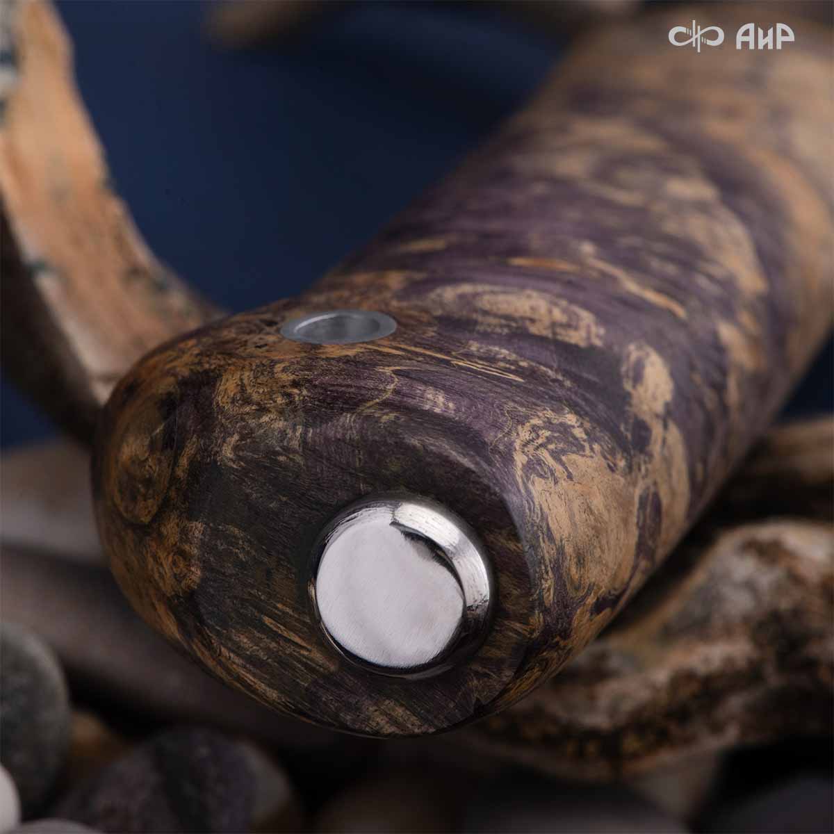 Финка Нью (наборная: стабилизированный граб, стабилизированный кап клена фиолетовый, фибра желтая, алюмин.втулка, авторские ножны, кастомная заточка) N690, № 18 - Компания «АиР»