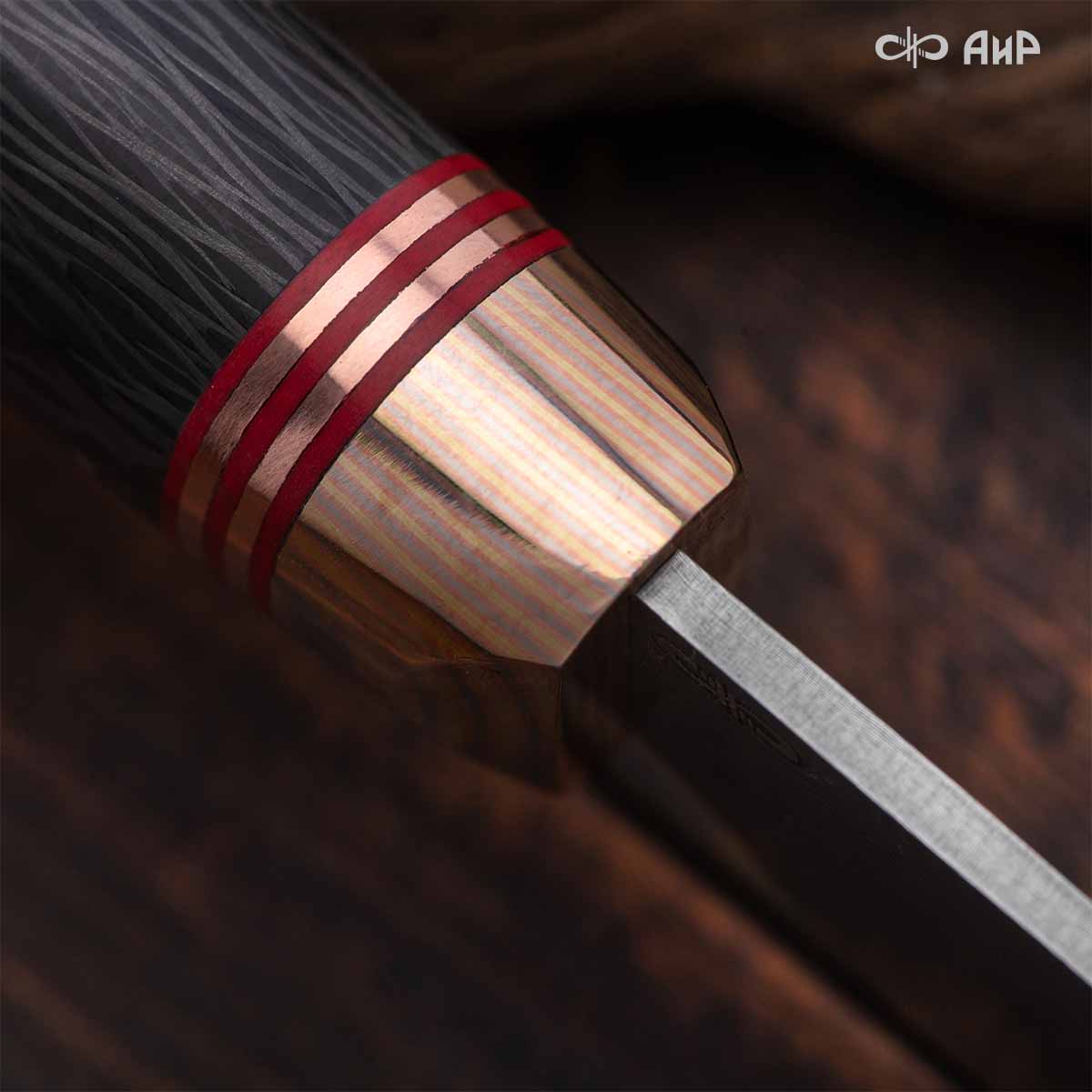Набор Сантоку-3 (наборная рукоять: карбон черный, проставки медь, фибра, мокуме гане, ввертыш медь, авторский кейс) дамасская сталь ZDI-1016 - Компания «АиР»