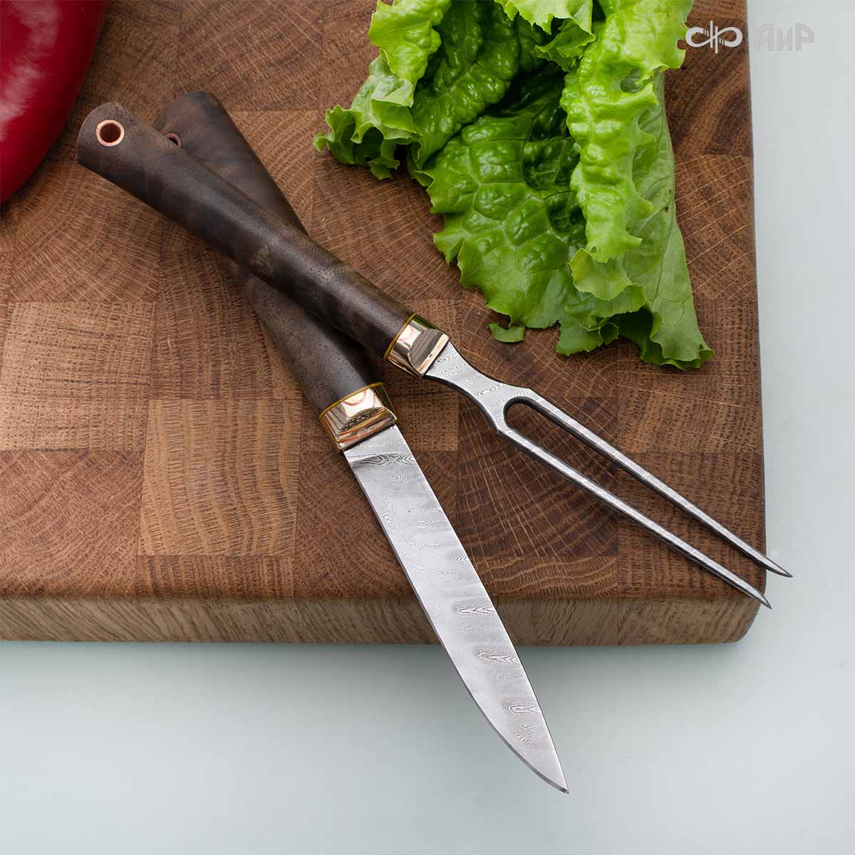 Набор Стейковый (нож и вилка, стабилизированный ореховый кап, мокуме гане, медная втулка, кастомная заточка) дамасская сталь ZD-0803, узор твист - Компания «АиР»