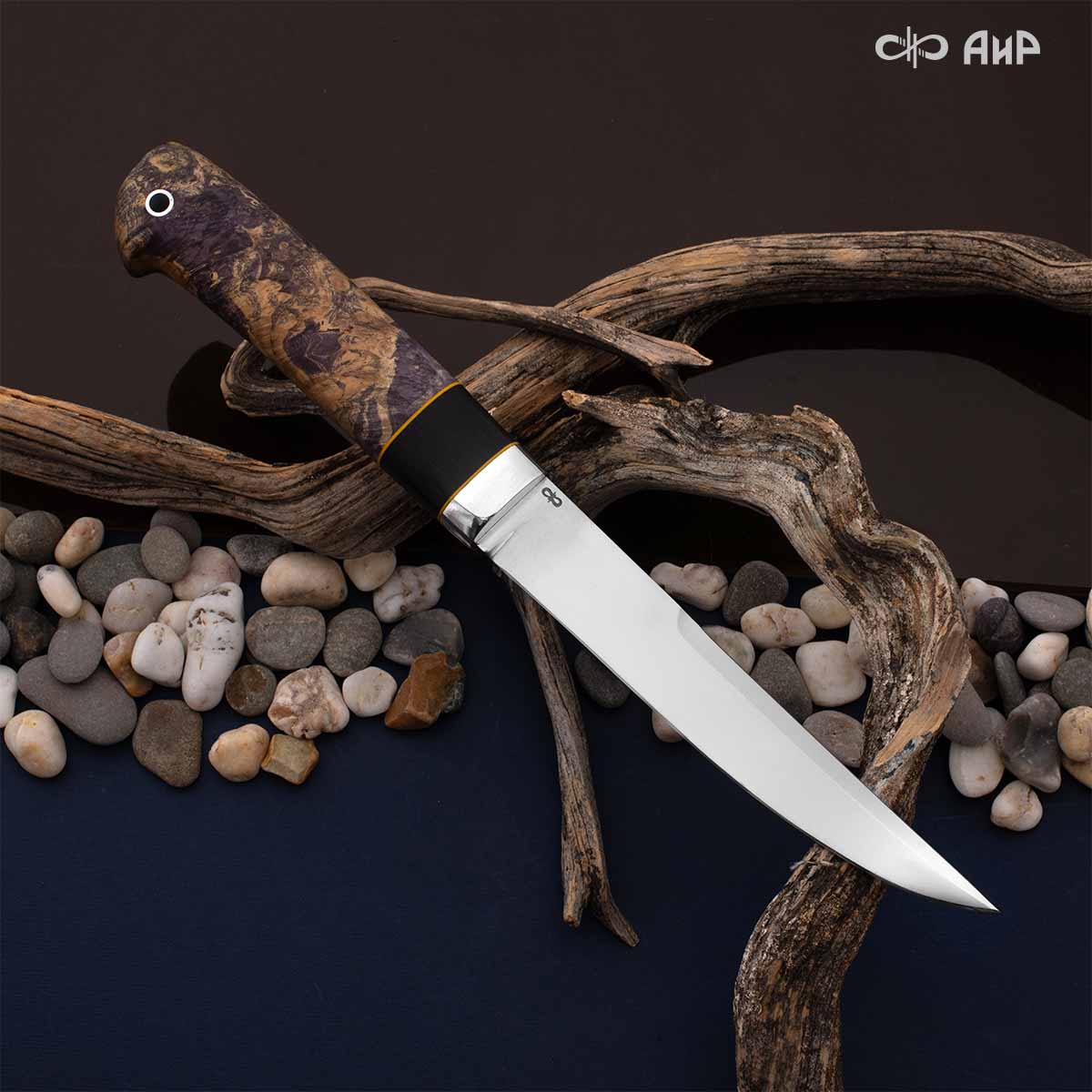 Финка Нью (наборная: стабилизированный граб, стабилизированный кап клена фиолетовый, фибра желтая, алюмин.втулка, авторские ножны, кастомная заточка) N690, № 18 - Компания «АиР»