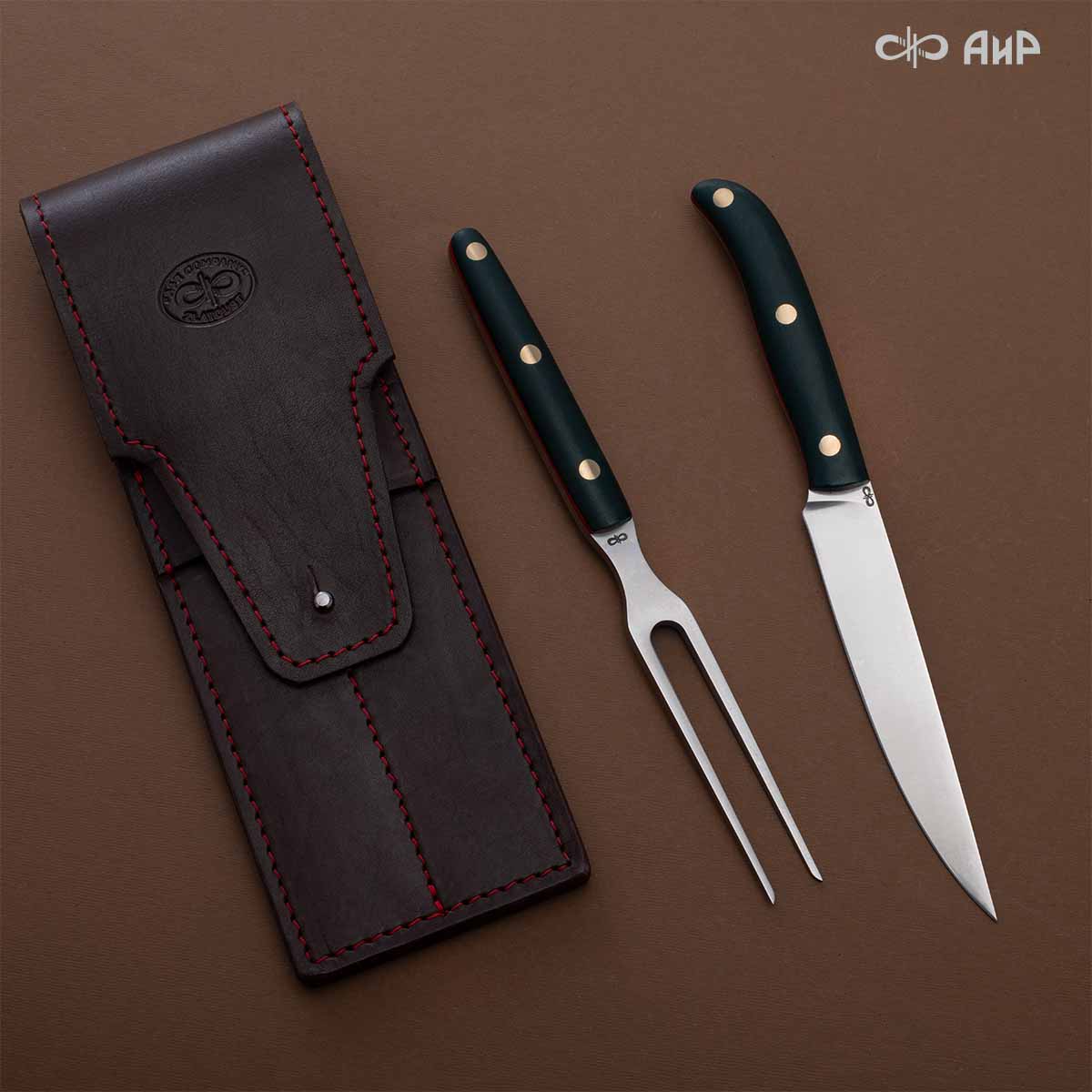 Набор Стейковый ЦМ (нож и вилка, микарта темно-зеленая с красной подложкой) - Компания «АиР»