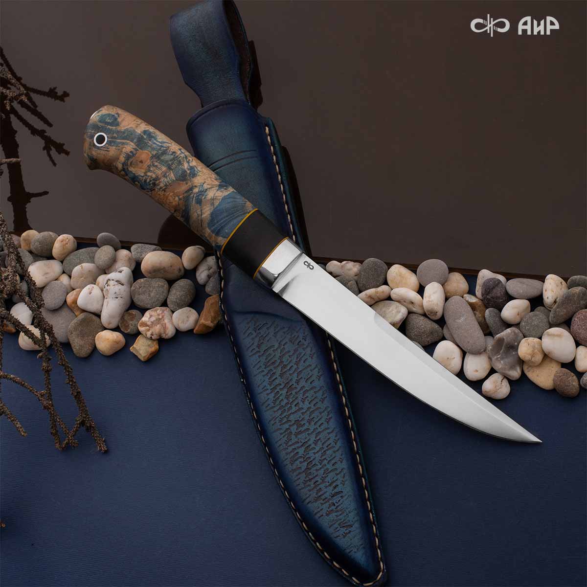 Финка Нью (наборная: стабилизированный граб, стабилизированный кап клена лазурный, фибра желтая, алюмин.втулка, авторские ножны, кастомная заточка) CPR, № 05 - Компания «АиР»