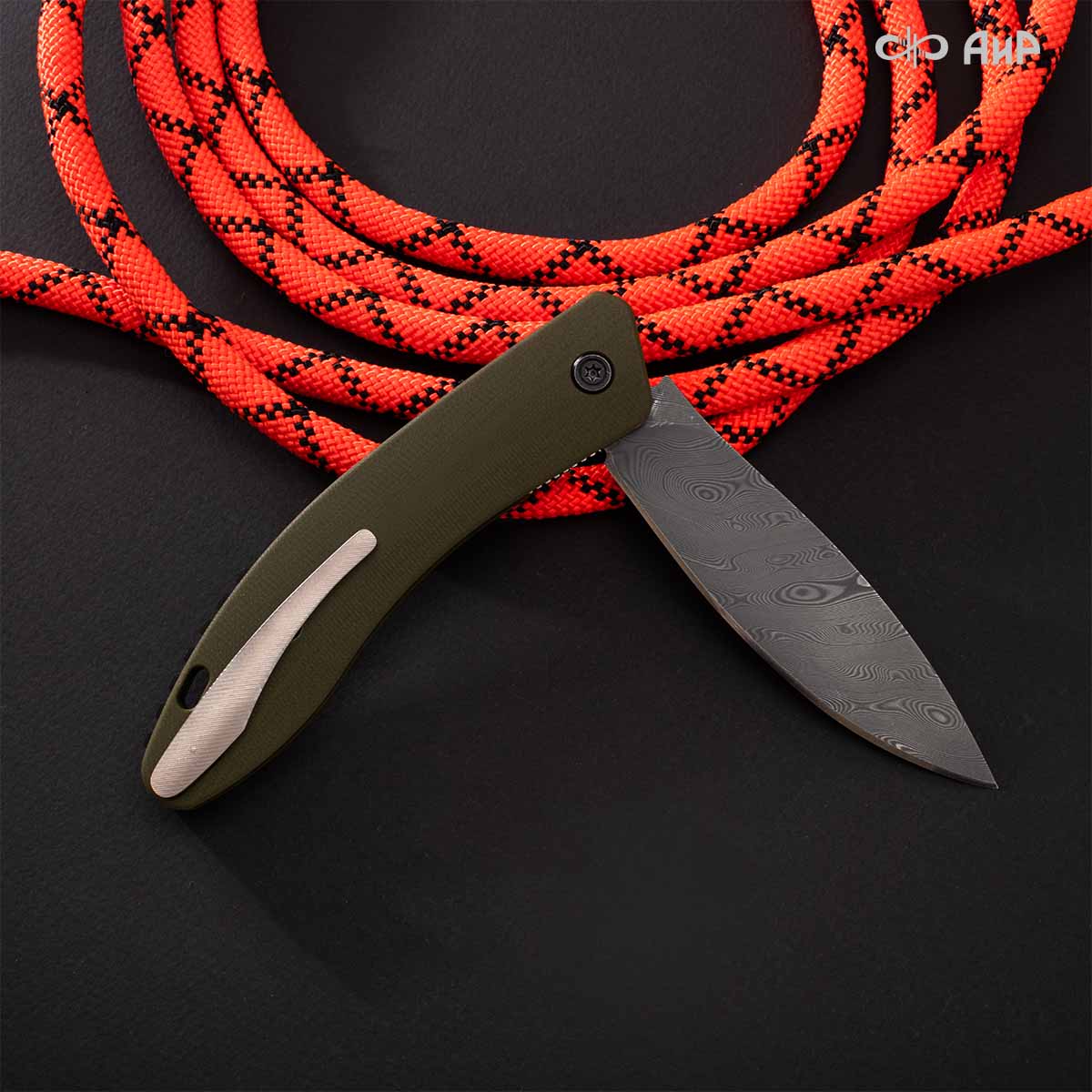 Хантер (G10 оливковый, кастомная заточка) дамасская сталь ZDI-1016, узор твист - Компания «АиР»