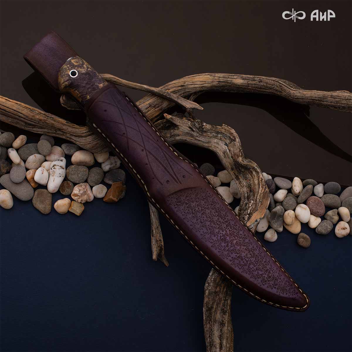 Финка Нью (наборная: стабилизированный граб, стабилизированный кап клена фиолетовый, фибра желтая, алюмин.втулка, авторские ножны, кастомная заточка) N690, № 18 - Компания «АиР»