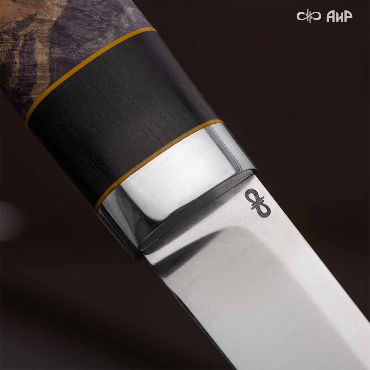 Финка Нью (наборная: стабилизированный граб, стабилизированный кап клена фиолетовый, фибра желтая, алюмин.втулка, авторские ножны, кастомная заточка) N690, № 18 - Компания «АиР»