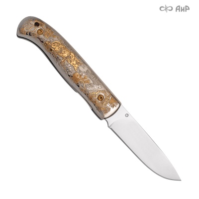  Нож Складной с сюжетом Лиса, тетерев и заяц (латунь, золото), сталь 40Х10С2М - Компания «АиР»