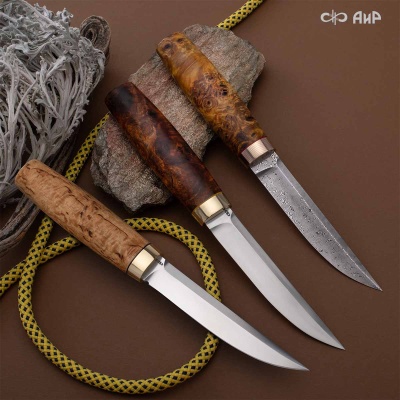 Финка Сканди Мини (стабилизированный кап тополя желтый, мокуме гане) дамасская сталь ZDI-1016 - Компания «АиР»