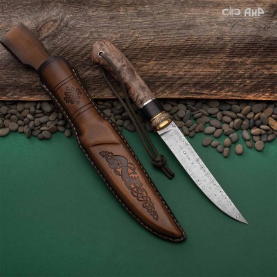 Нож Финка-5, стабилизированная карельская береза коричневая, стабилизированный граб, авторские ножны, Артикул: 38901 - Компания «АиР»
