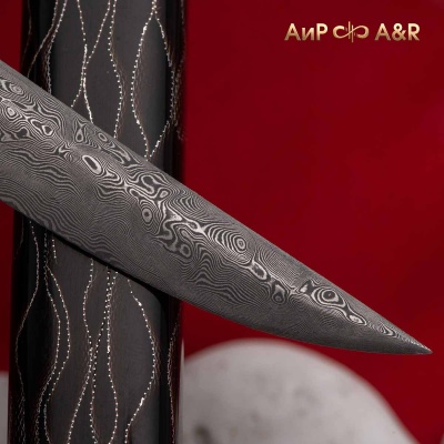  Нож Айкути, дамасская сталь ZDI-1016, композит с медной микросеткой волны, черный, мокуме гане, Артикул: AF0000018707  - Компания «АиР»