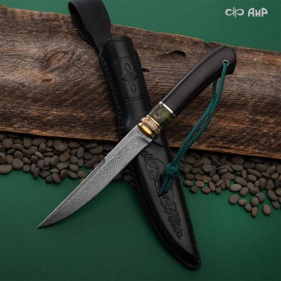 Нож Финка-5, стабилизированный граб, стабилизированный кап клена зеленый, авторские ножны, Артикул: 38903 - Компания «АиР»
