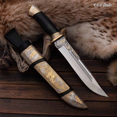 Нож Арсенальный люкс с сюжетом Рысья охота, комбинированные ножны, Артикул: 39171 - Компания «АиР»