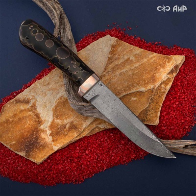 Лиса (композит с латунной и бронзовой микросеткой луна, черный, мокуме гане) дамасская сталь ZDI-1016, узор капля нью - Компания «АиР»