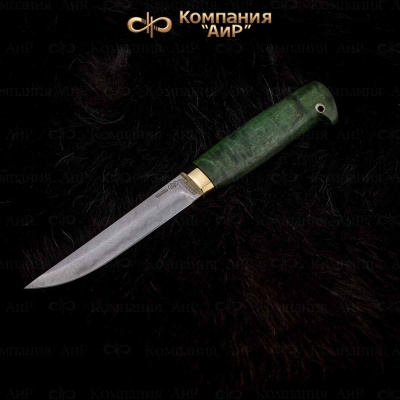 Финка-5 (стабилизированная карельская береза зеленая, латунь, декоративный пин) дамасская сталь ZDI-1016 глянец - Компания «АиР»