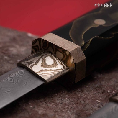 Нож Айкути, дамасская сталь ZDI-1016, композит с латунной микросеткой волны, желтый, мокуме гане - Компания «АиР»