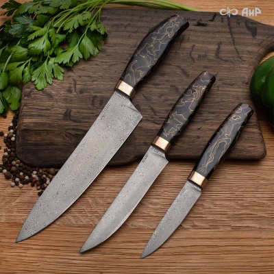 Набор Поварской-3 (композит с латунью и бронзой волны, мокуме гане, авторский кожаный кейс) дамасская сталь ZDI-1016 - Компания «АиР»