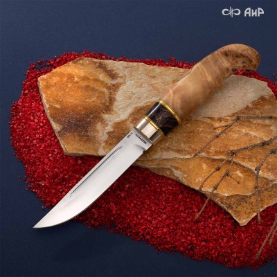 Финка Лаппи (наборная: стабилизированный кап тополя натуральный, композит с бронзой черный, мокуме гане, фибра желтая, латунь) - Компания «АиР»