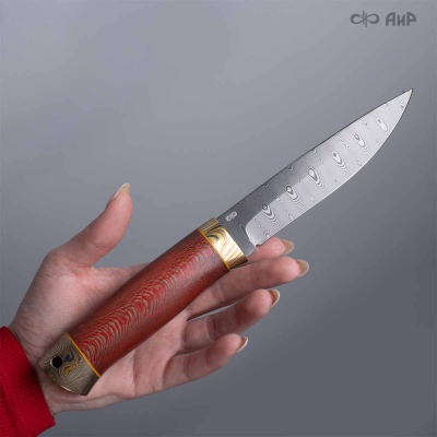 Пескарь (стабилизированный платан красный, мокуме гане) дамасская сталь ZD-0803, узор ступени  - Компания «АиР»