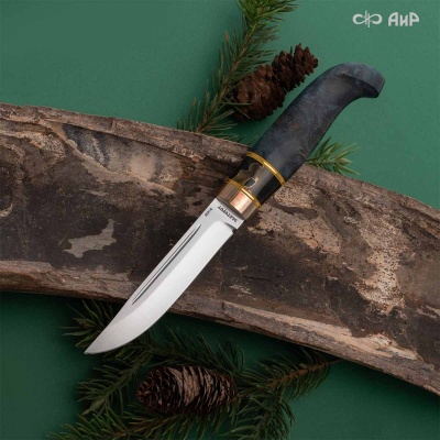 Финка Лаппи (наборная: стабилизированный кап тополя синий, композит с латунью, мокуме гане, проставки фибра желтая, латунь) - Компания «АиР»