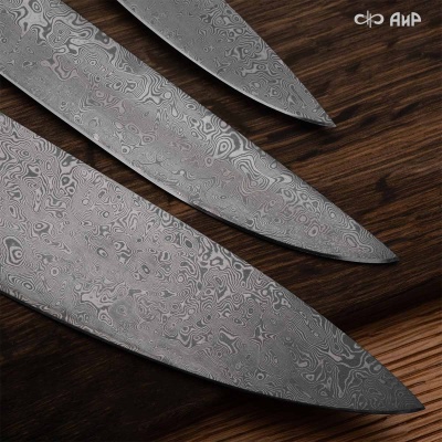 Набор Поварской-3 (композит с латунью и бронзой волны, мокуме гане, авторский кожаный кейс) дамасская сталь ZDI-1016 - Компания «АиР»